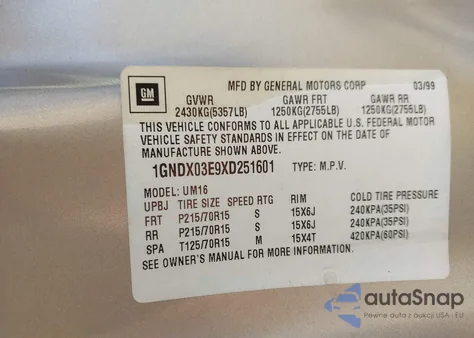 1999 Chevrolet Venture z USA, uszkodzony, nr VIN 1GNDX03E9XD251601